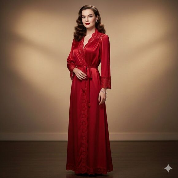 Vintage Olga Red Nylon With Lace Trim Peignoir Night Robe Old Hollywood Size P - Picture 3 of 8